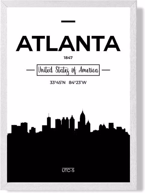 ARTZE Atlanta Black and White City Skyline Framed Paper Poster with White Frame, A3