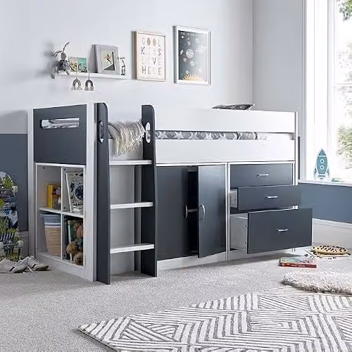Bedmaster Lacy Kids Mid Sleeper Storage Bed with Mattress in Blue, Grey, Pink and White, W/D/H: 190 x 90 x 142 cm