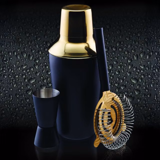 BarCraft Three Piece Stainless Steel Cocktail Shaker Set in Black and Gold