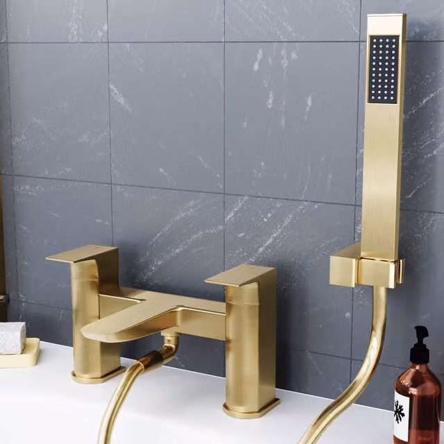 Nes Home Contemporary Brushed Brass Bath Shower Mixer Tap with Handheld Kit in Gold