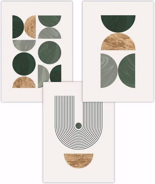 ARTZE Set of 3 Mid Century Geometric Abstract Art Posters in Green and Gold, W: 30 cm, H: 42 cm