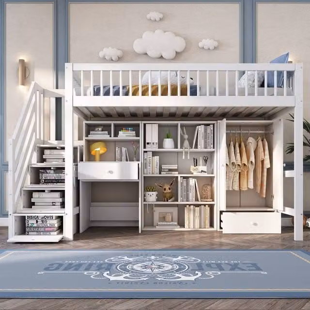 Merax White Solid Pine High Sleeper Bed for Children with Wardrobe, Desk and Storage Steps, W/D/H: 190 x 90 x 150 cm