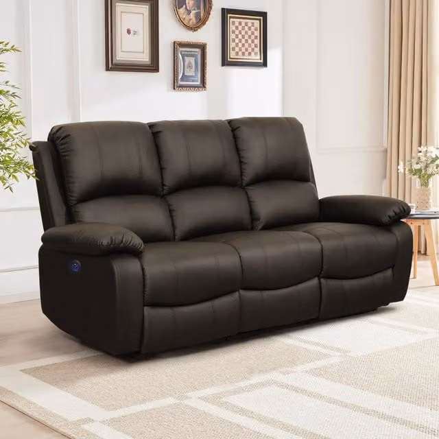 Comfy Living Brown PU Leather Electric Recliner Sofa Set with 3 Seater, 2 Seater and Armchair