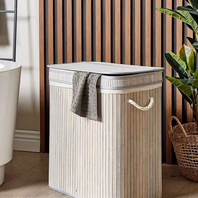 Wyld and Coco Bamboo Laundry Hamper with Zippered Lid and 2 Compartments in Grey