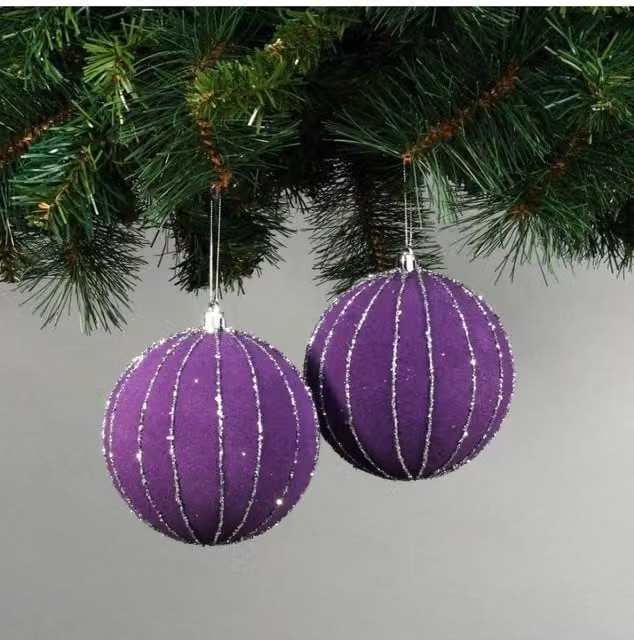 KDMD Set of 4 Purple Velvet Christmas Baubles with Glitter, Diameter: 10 cm