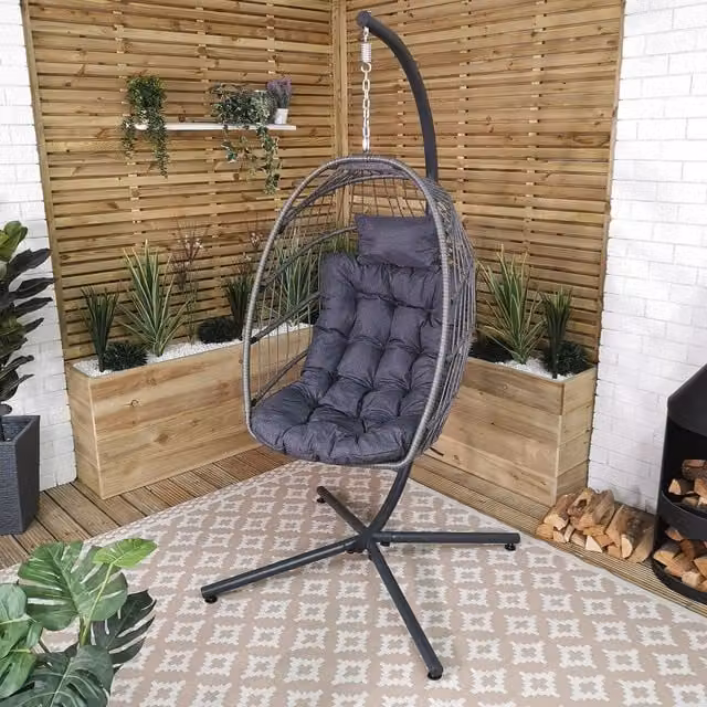 Samuel Alexander Modern Grey Rattan Egg Chair with Powder Coated Steel Stand, Cushions and Weatherproof Cover