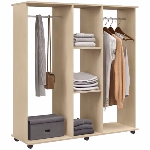 HOMCOM Mobile Double Open Wardrobe with Clothes Hanging Rail and 3 Shelves in Natural and Beige
