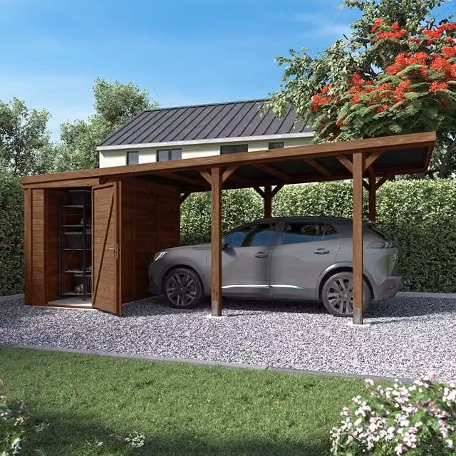 Cerland Leon Single Wooden Carport with Storage Shed in Brown with Concrete In-Ground Supports