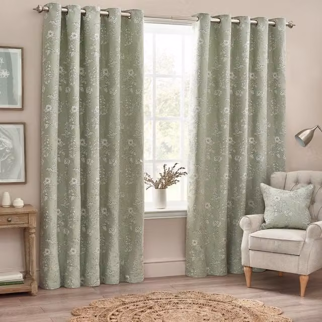 Make It A Home Sophia Jacquard Floral Eyelet Curtains, Green, H: 229 cm x W: 168 cm, Set of 2