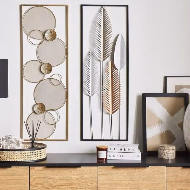 Wyld and Coco Modern Rectangular Metal Feather Wall Art in Silver and Gold