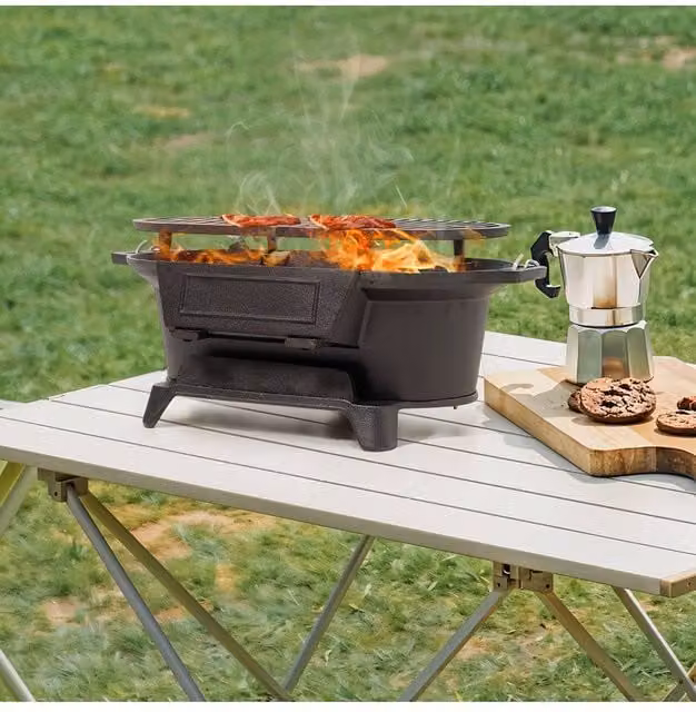 Living and Home Cast Iron Tabletop Charcoal Grill with Handle, Black, W/D/H: 25.5 x 21.5 x 25.5 cm