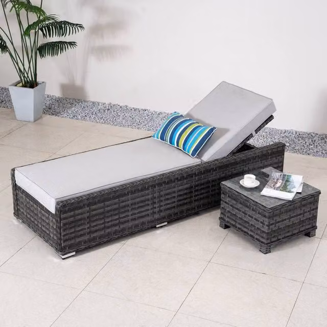 Direct Wicker 2 Pack Grey Adjustable Sun Loungers with Side Table and Weatherproof Cushions