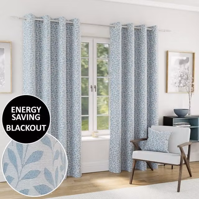 Enhanced Living Sherwood Blackout Jacquard Leaf Eyelet Curtains in Ice Blue, 183 x 229 cm