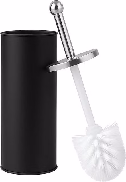 VOGREX Black Stainless Steel Toilet Brush Set with Matt Holder Cup