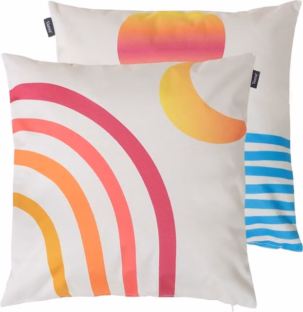 Icon Sunset and Rainbow Reversible Print Outdoor Cushion in Multicolour and Yellow