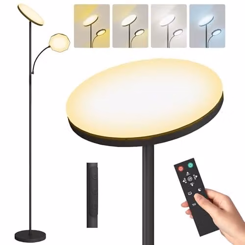 HOMCOM Black LED Floor Lamp with Remote Control, Dimmable Uplighter and Timer for Living Room