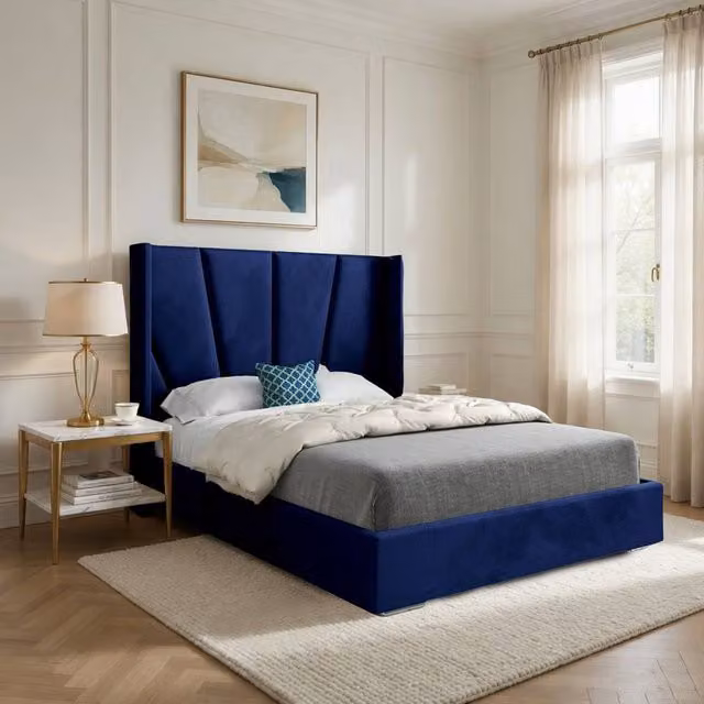 Casani Fairlight Upholstered Velvet Designer Bed Frame in Blue, W/D/H: 200 x 137 x 189 cm