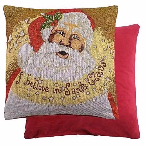 Luxury Living I Believe Christmas Tapestry Decorative Cushion Cover, Red and Gold, W/D/H: 45 x 45 x 4.57 cm