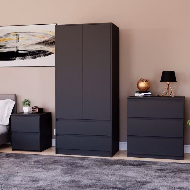 Vida Designs Denver Modern Black Bedroom Set with Wardrobe, 3-Drawer Chest and 2 Bedside Tables