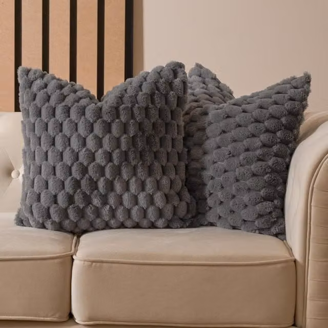 OHS Pack of 4 Charcoal Grey Square Waffle Fleece and Faux Fur Filled Cushions