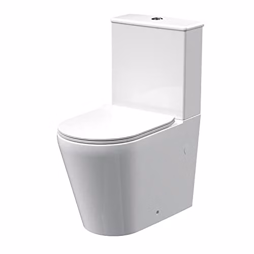 nuie NCG650 Freya Modern Compact Round Rimless Wall Mounted Ceramic Toilet Pan with Cistern and Soft Close Seat Set, White
