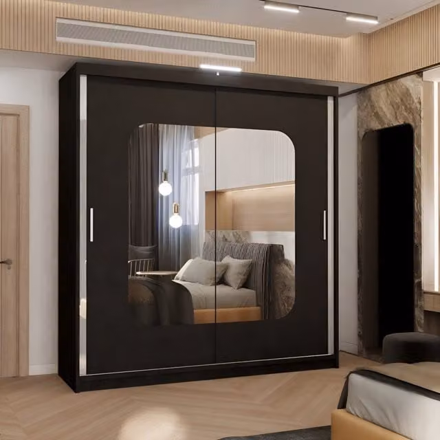 MN Furniture Modern Black Wardrobe with Double Sliding Mirror Doors and Integrated LED Lighting W/H: 180 x 217 cm
