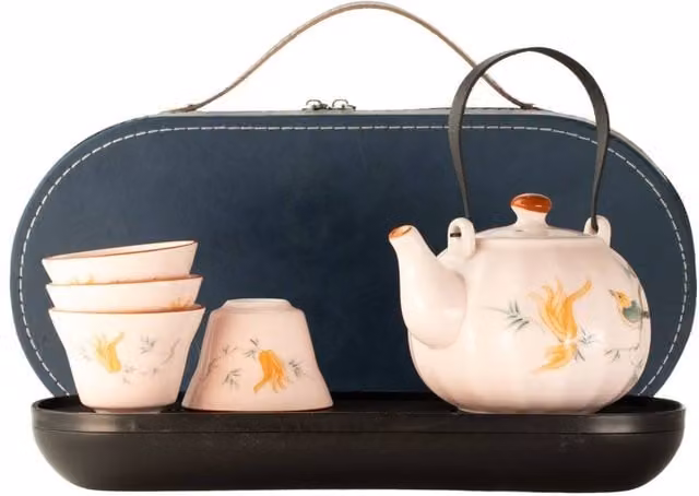 KDMD Pink Vintage Pumpkin Style Ceramic Travel Teapot Set with Four Floral Cups