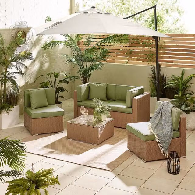 FurnitureboxUK Orlando Rattan Modular 4 Seater L-Shaped Outdoor Garden Sofa Set with Coffee Table and Ottoman in Green