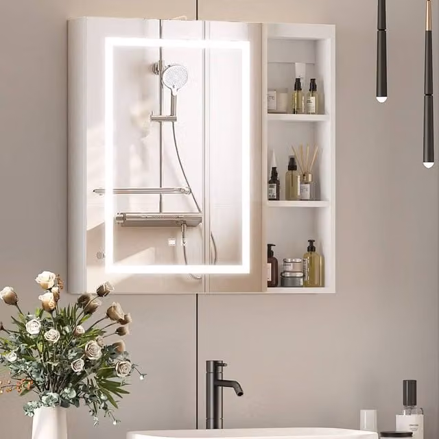 KEEPREAPER Modern White Wall Mounted Bathroom Mirror Cabinet with LED Lighting, Shaver Socket, Sensor Switch and Anti-Fog Feature