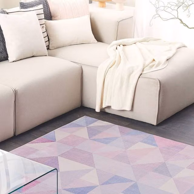 Wyld and Coco Pastel Triangle Patchwork Woven Polyester Rug in Blue, Grey and Pink, W: 160 cm, D: 230 cm