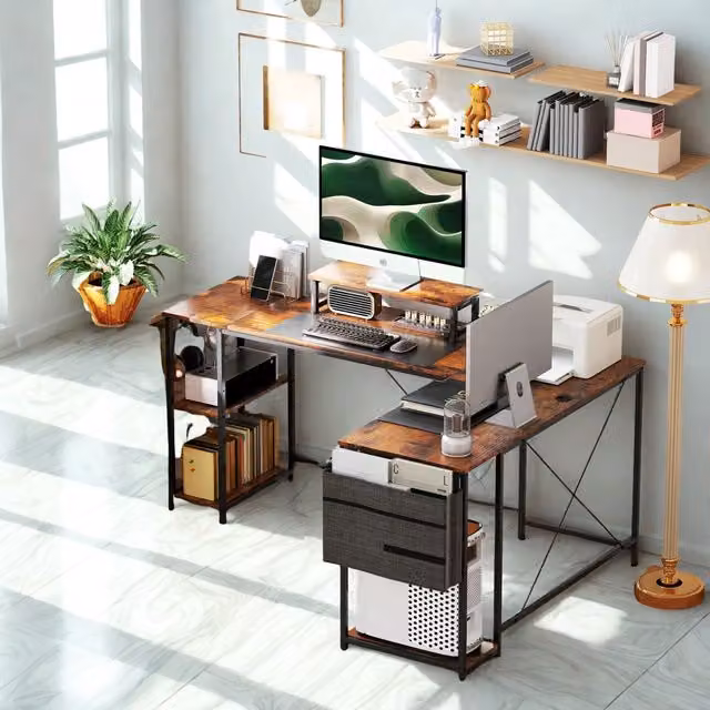 Furnold Industrial L Shaped Computer Desk with Storage Shelves, Black and Brown, W/D/H: 168 x 120 x 76 cm