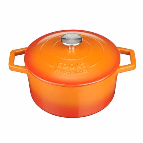 Cooks Professional Enamelled Cast Iron Casserole Dish with Lid and Handles, Orange, 2.8 l