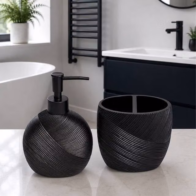 Showerdrape Ripple Black and White Bathroom Accessory Set with Soap Dispenser and Toothbrush Holder