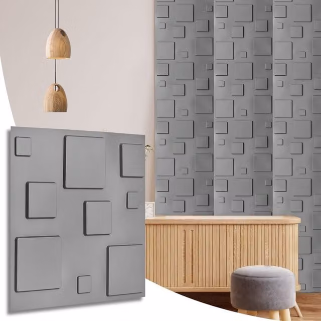 NOVECRAFTO 3D Wall Panels PVC Cladding with 3D Blocks Design in Grey Silver, W: 50 cm, H: 50 cm, D: 0.25 cm