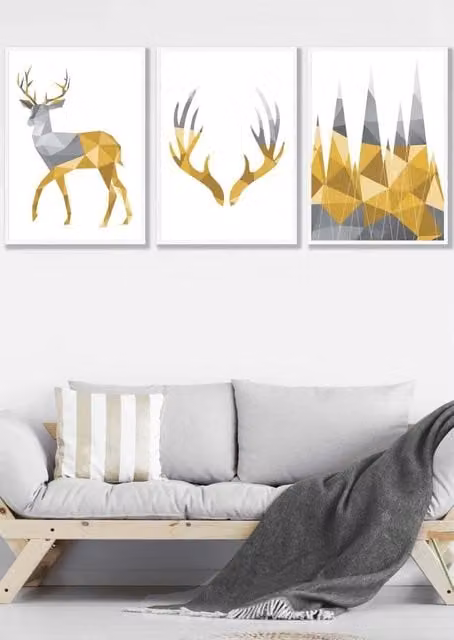 ARTZE Geometric Yellow and Grey Stags Framed Wall Art Set in White, W: 53 cm, H: 73 cm, D: 2 cm