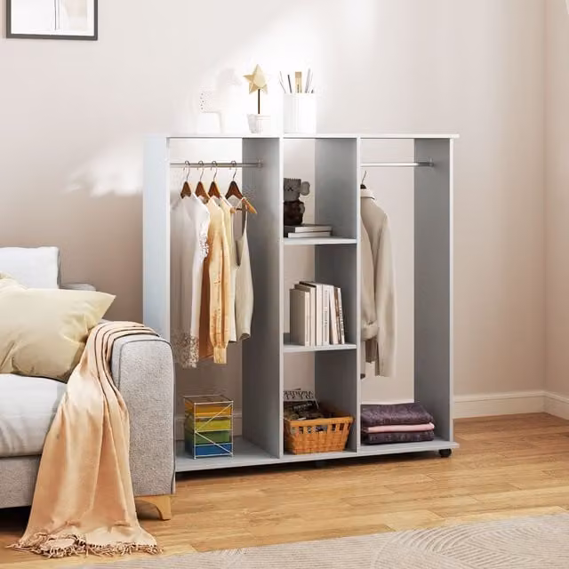 HOMCOM Mobile Double Open Wardrobe with Clothes Hanging Rail in Grey, W/D/H: 128 x 40 x 40 cm