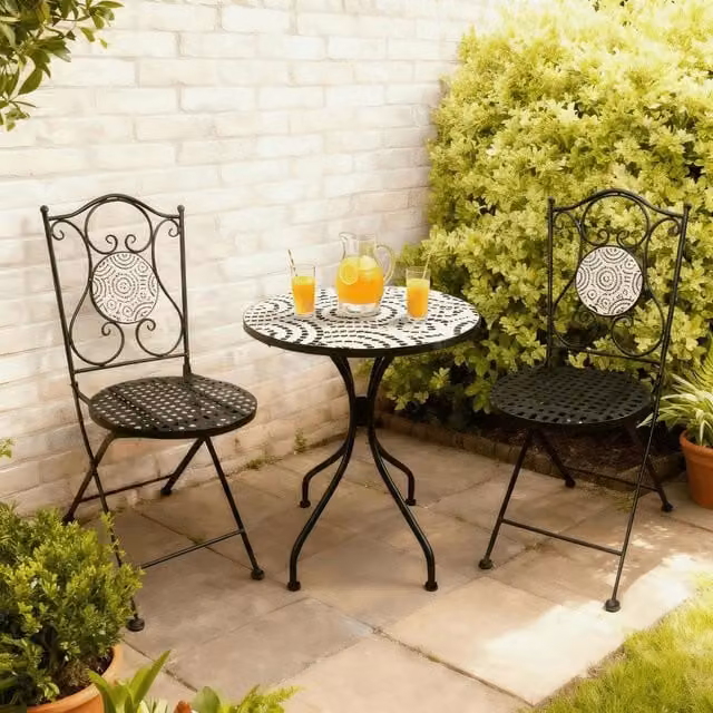 Home Source Carlton 3 Piece Mosaic Metal Bistro Set in Black and White