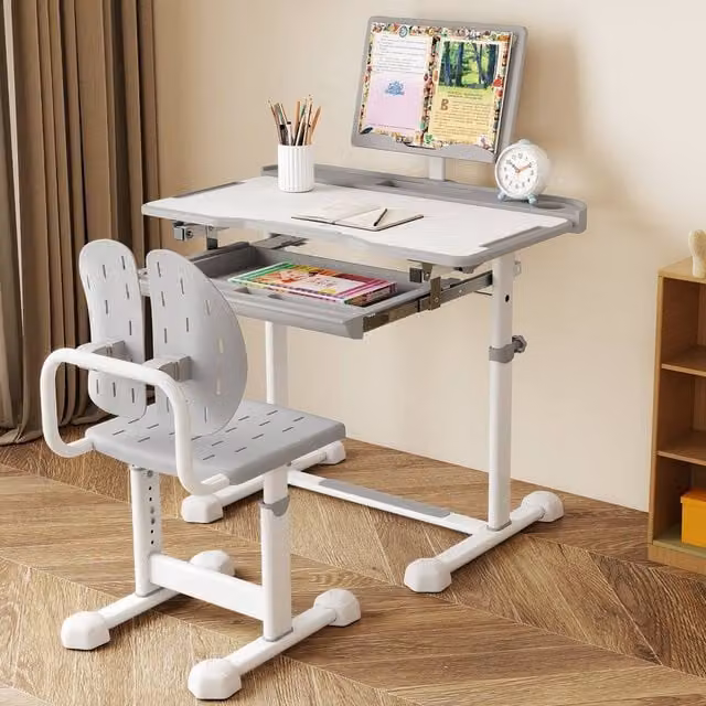 Costway Kids Height-Adjustable Study Desk and Chair Set with Tilting Desktop in Grey