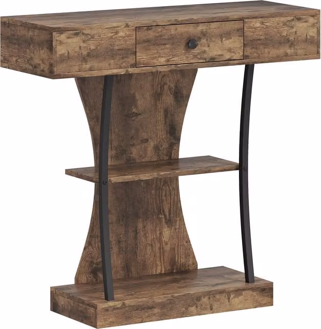 HOMCOM Industrial 3-Tier Console Table with Drawer and Storage Shelves, Rustic Brown, W: 91 cm, D: 32 cm, H: 87 cm