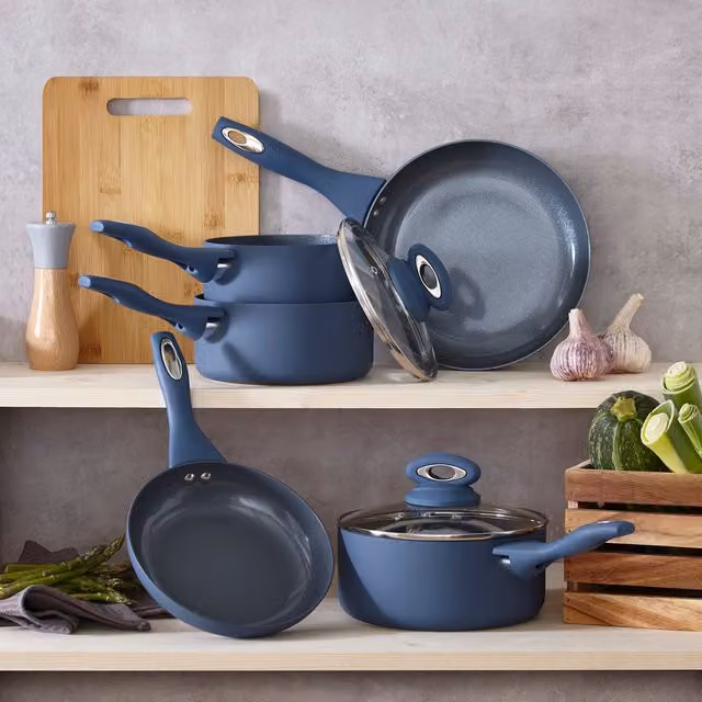 5 Piece Cermalon Blue and Silver Ceramic Cookware Set with Saucepan, Frying Pan and Glass Lids