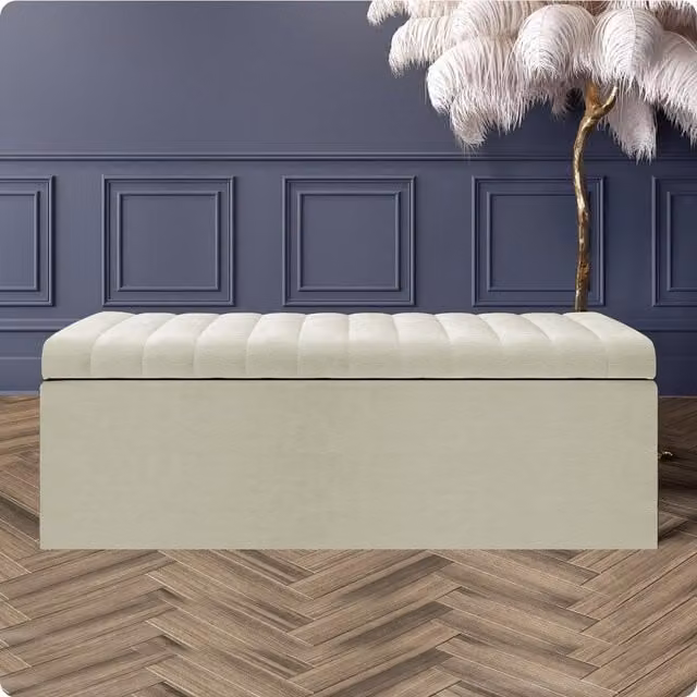 R&M Furnishers Safar Naples Ottoman Storage Box, Cream and White Striped Upholstered Blanket Chest and End of Bed Bench