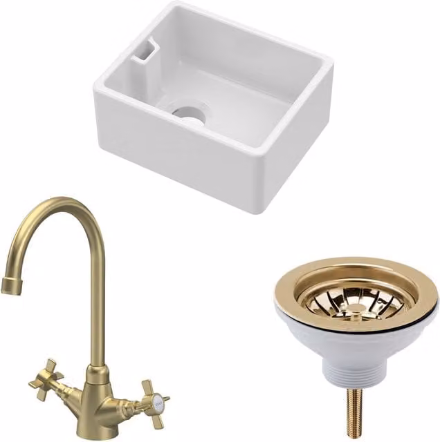 Balterley Compact 1 Bowl Belfast Sink in White Ceramic with Brushed Brass Pop Up Waste, Width: 46 cm