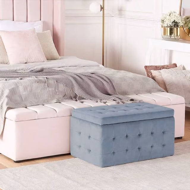 Wyld and Coco Grey Velvet Tufted Storage Ottoman Bench