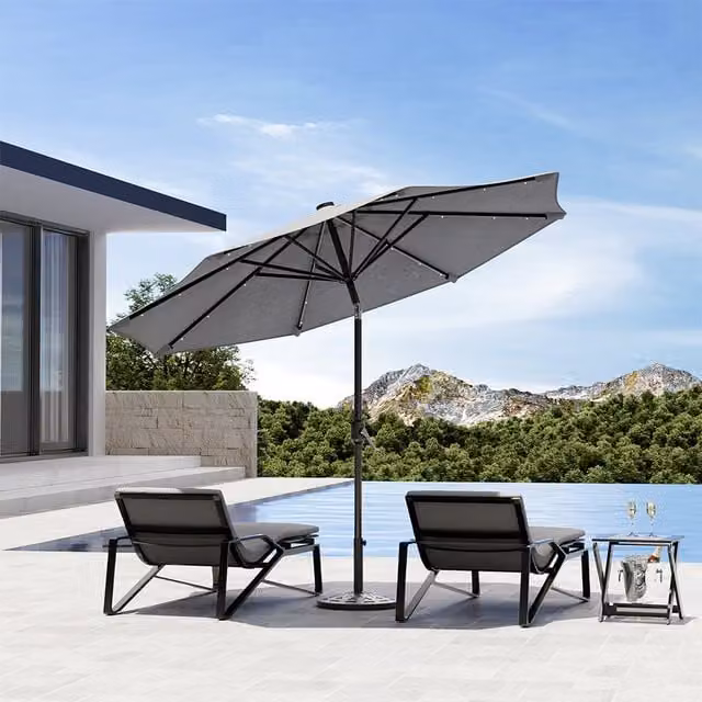 Komore Solar-Powered Lighted Garden Parasol with Resin Stand in Grey