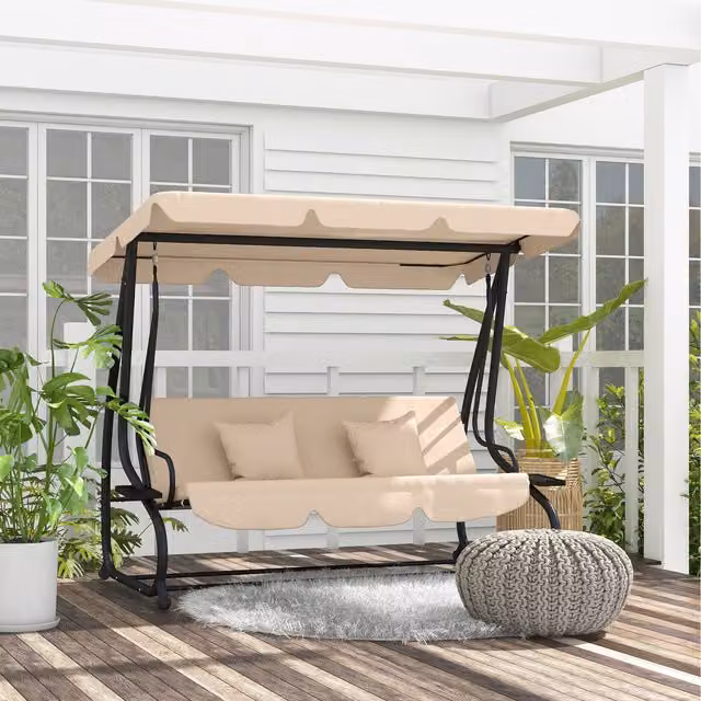 Outsunny 2-in-1 Convertible Patio Swing Chair Bed with Sun Canopy and Cushions, Light Brown and Beige