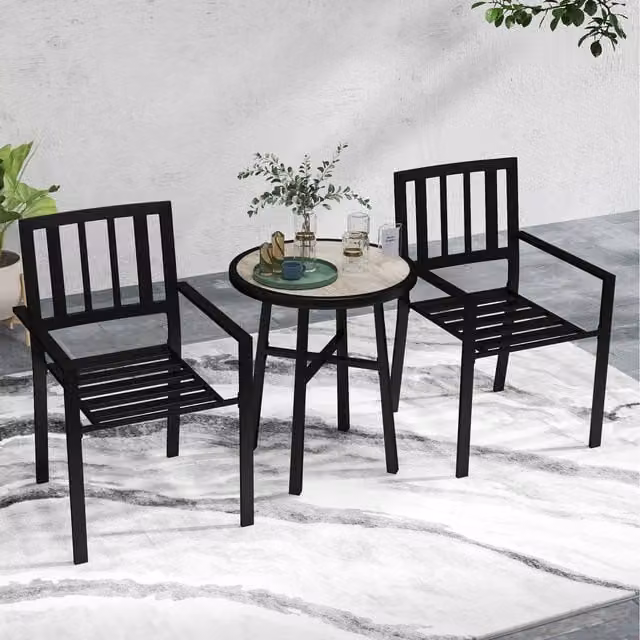 Outsunny 3 Piece Modern Patio Bistro Set with Round Table and 2 Stackable Chairs in Grey and Black