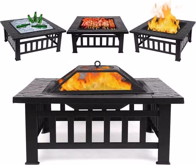 Alivio 3-in-1 Black Steel Outdoor Fire Table with BBQ Grill and Cover