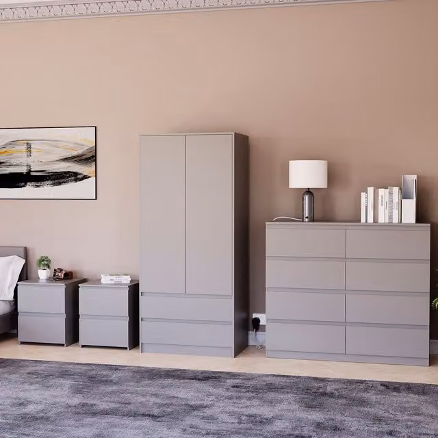 Vida Designs Denver 4 Piece Grey Bedroom Set including Wardrobe, 8 Drawer Chest and 2 Nightstands