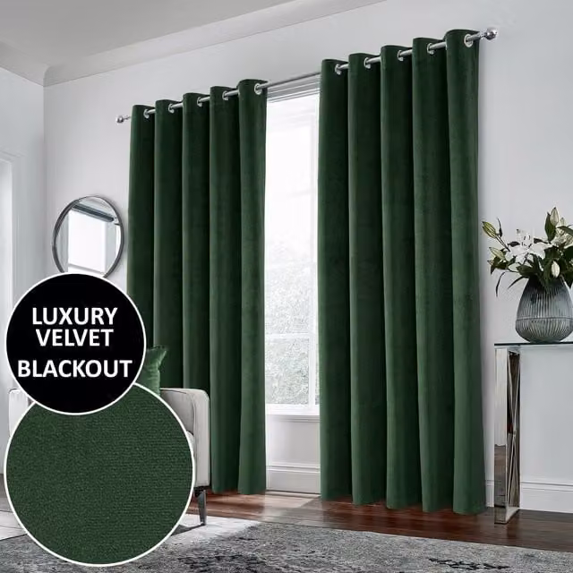 Enhanced Living Hampton Green Velvet Blackout Eyelet Curtains, Thermal Insulating, Width: 183 cm, Height: 183 cm