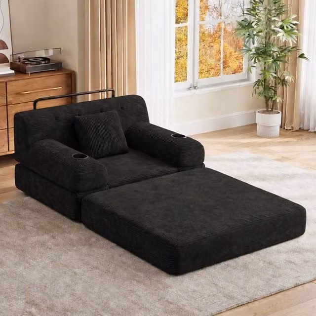 Rolipo Black Corduroy 1-Seater Sleeper Sofa Chair with Cup Holders and Armrests